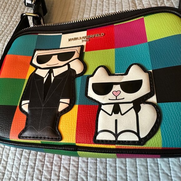 Karl Lagerfeld Multicolor Crossbody Bag W/ Checkered Print & Cartoon Graphic - Picture 7 of 11